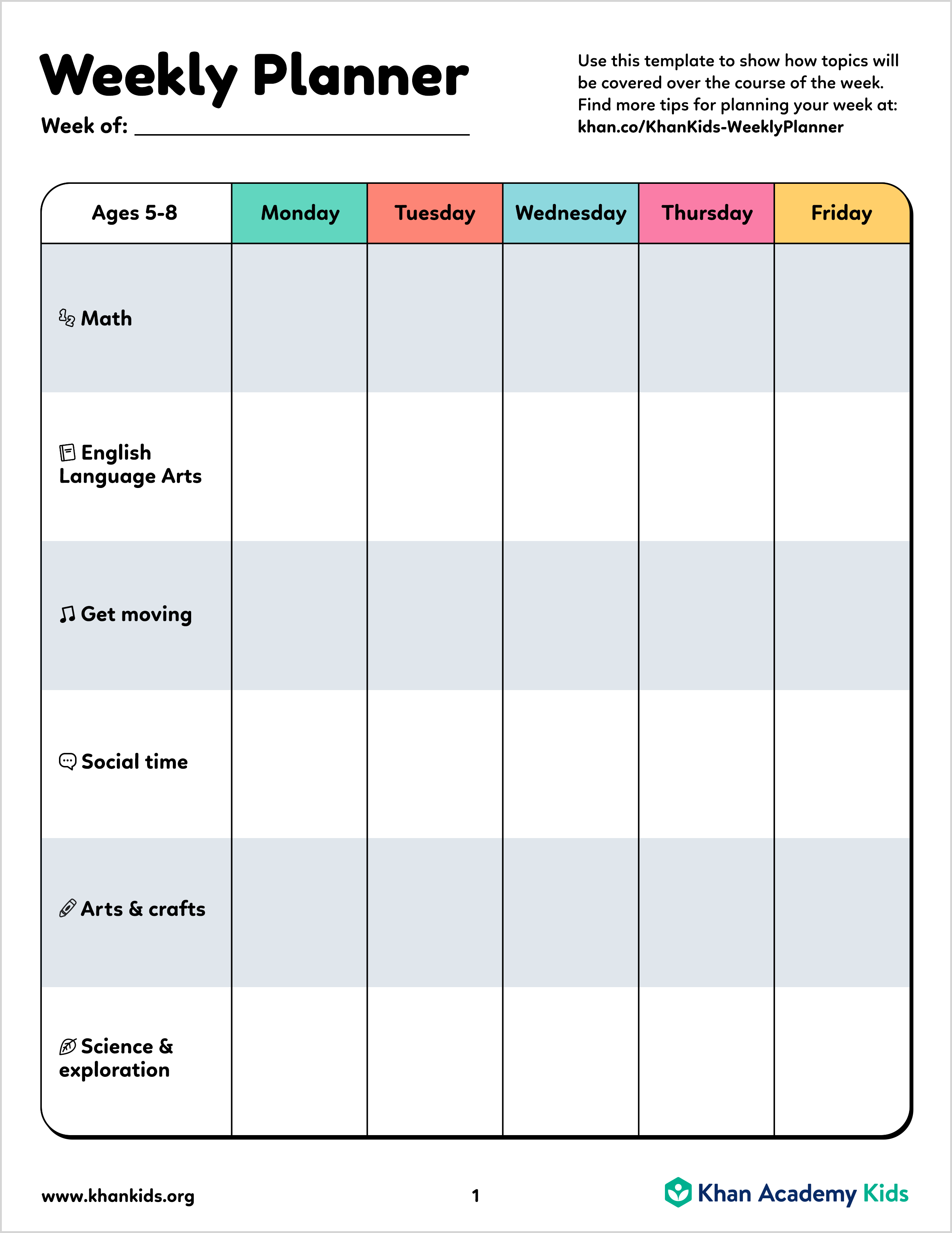 weekly planners for ages 2 8 khan academy