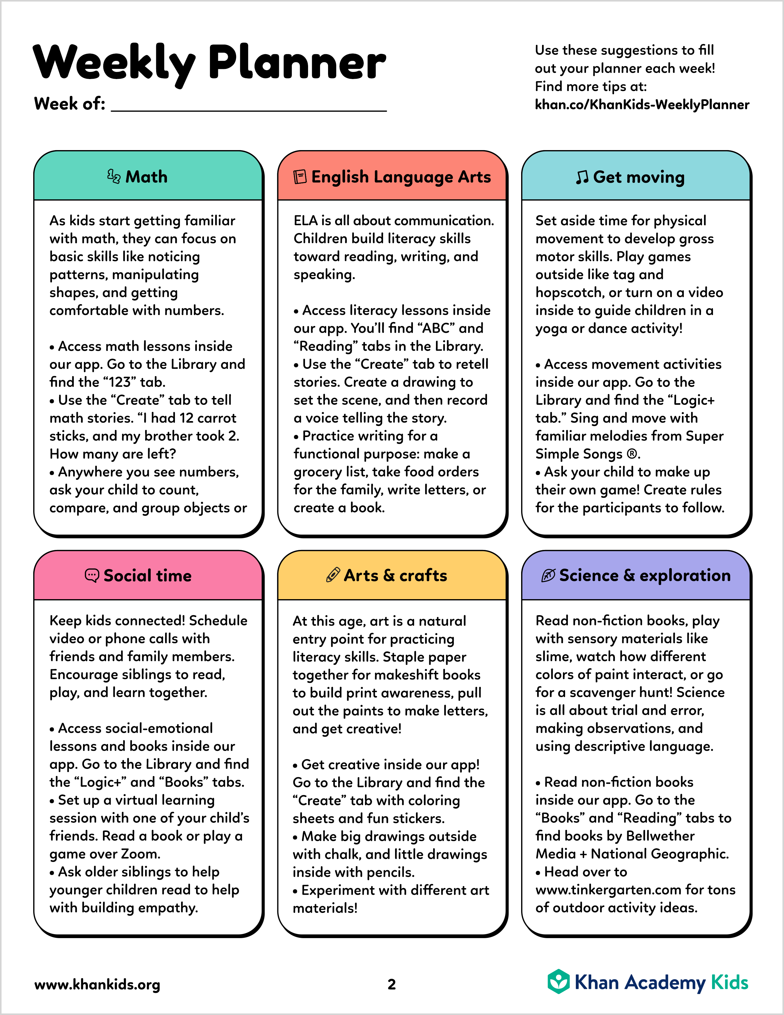 Weekly Planners for Ages 2-8 – Khan Academy